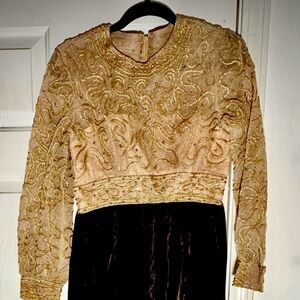Vintage Couture Hand, Beaded Gold, Metallic, Brown Velvet rhinestone, Crystal